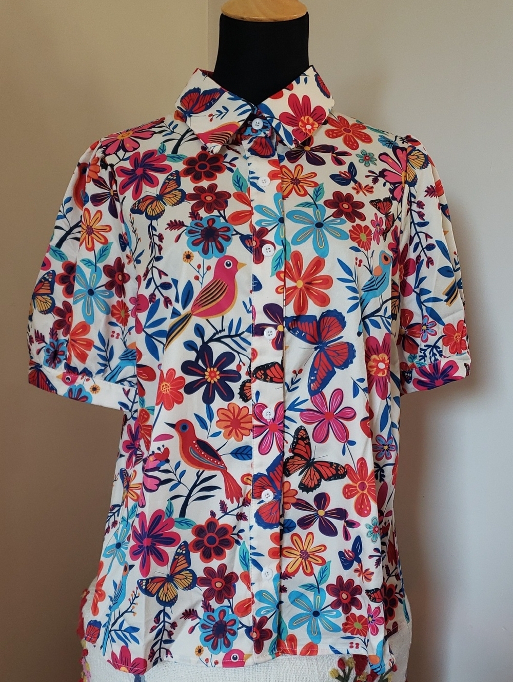 Floral Bird Print Button-Up Blouse - Multicolor